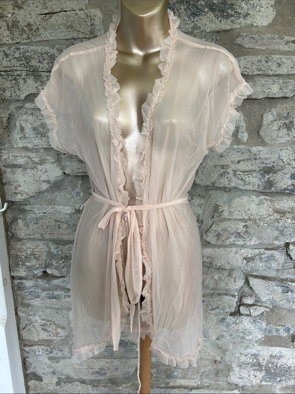 Jacob Sheer Ruffle-Trim Tie-Waist Robe in Pale Pink